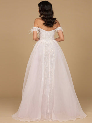 Off Shoulder Gown with Feathers - By Baano