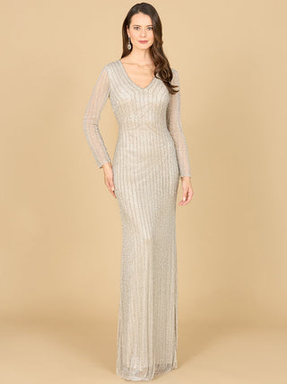Classic V-Neck Beaded Long Sleeve Gown - By Baano