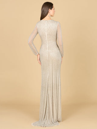 Classic V-Neck Beaded Long Sleeve Gown - By Baano