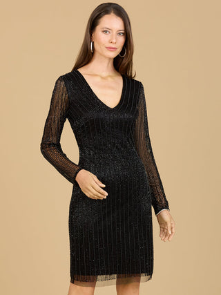 Classic V-Neck Beaded Long Sleeve Cocktail Dress  - OUTLET - By Baano