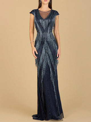 Beaded Fringe V-Neckline Dress with Cap Sleeves