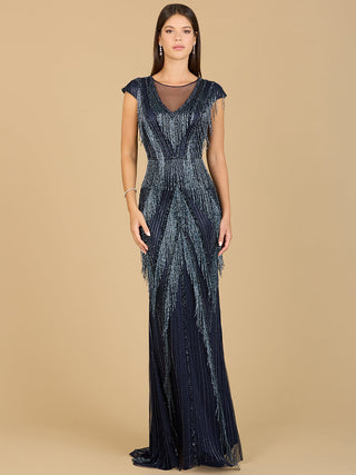 Beaded Fringe V-Neckline Dress with Cap Sleeves
