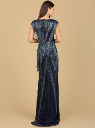 Beaded Fringe V-Neckline Dress with Cap Sleeves