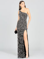 One-Shoulder Beaded Gown with High Slit - By Baano