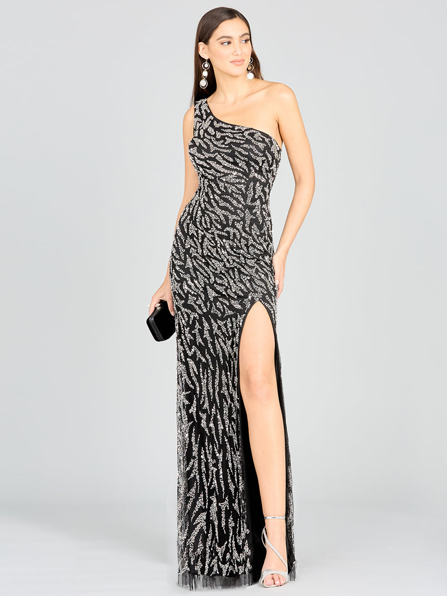 One-Shoulder Beaded Gown with High Slit - By Baano