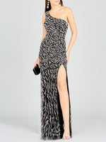 One-Shoulder Beaded Gown with High Slit - By Baano