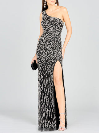 One-Shoulder Beaded Gown with High Slit