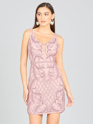 Deep V-Neck Beaded Mini Dress with Low Back - By Baano