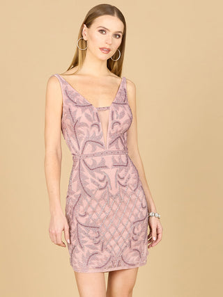 Deep V-Neck Beaded Mini Dress with Low Back - By Baano