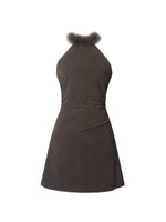 Yael Espresso Vegan Suede Faux Fur Halter Mini Dress Miss Circle