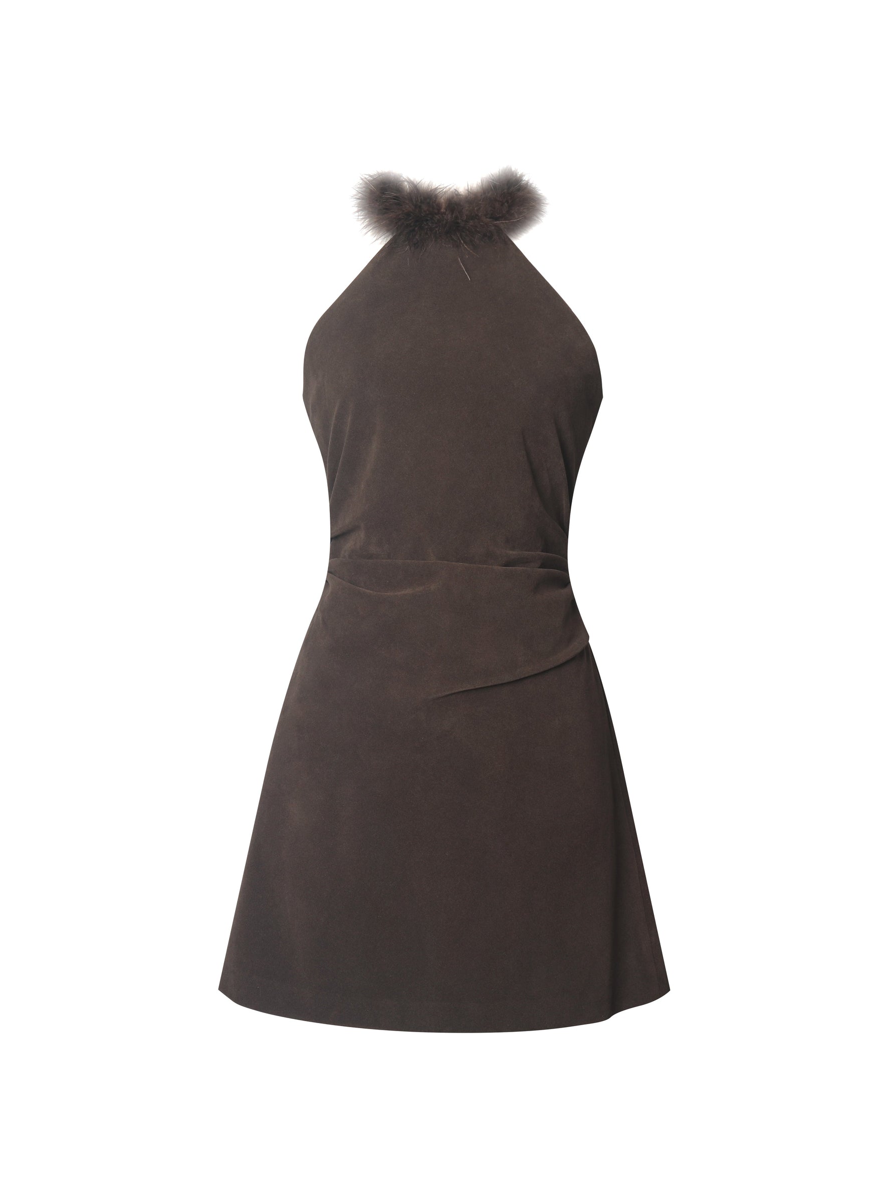 Yael Espresso Vegan Suede Faux Fur Halter Mini Dress Miss Circle