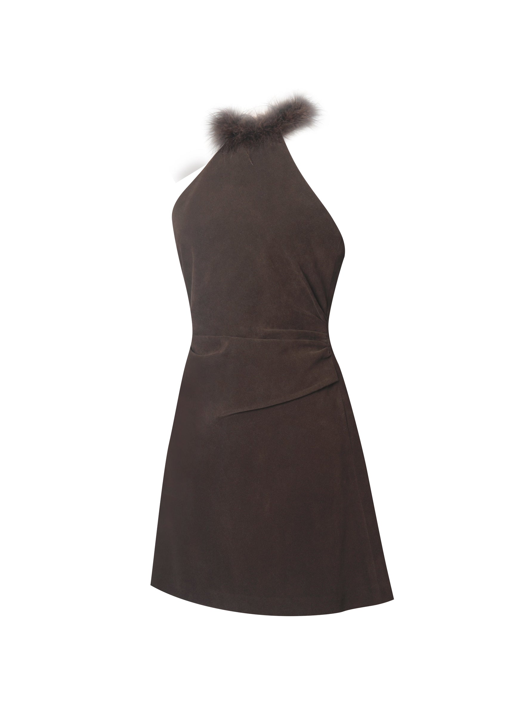 Yael Espresso Vegan Suede Faux Fur Halter Mini Dress Miss Circle
