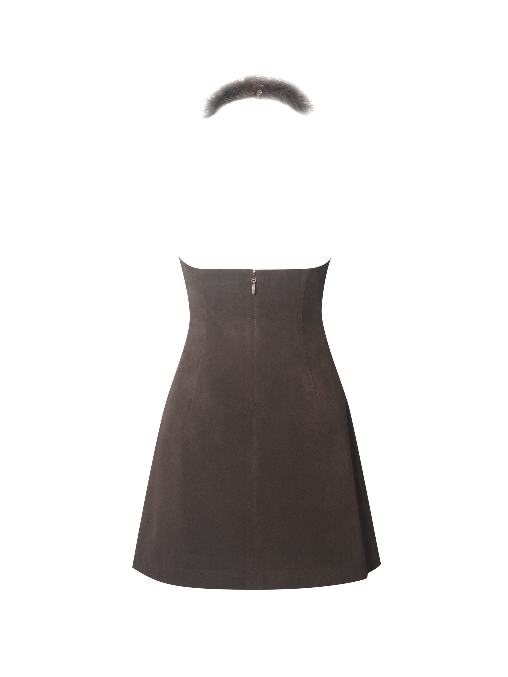 Yael Espresso Vegan Suede Faux Fur Halter Mini Dress Miss Circle