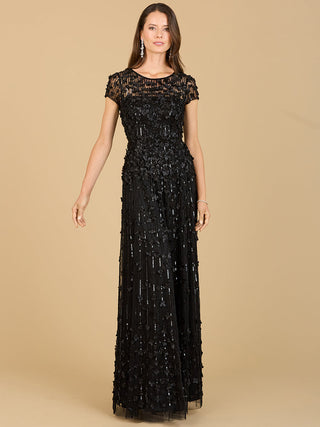 3D Floral Embellished Cap Sleeve Gown - By Baano