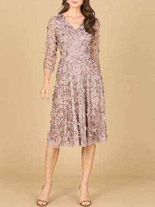 Flowing, 3D Embroidered Midi Dress with Sleeves