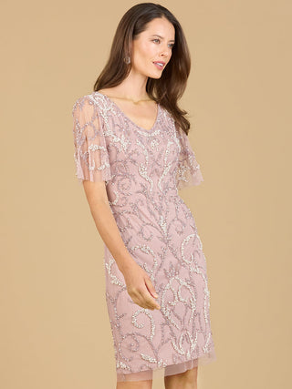 Beaded Short Dress with Cape Sleeves  - OUTLET