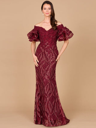 Off Shoulder Mermaid Beaded Gown with Tiered Sleeves