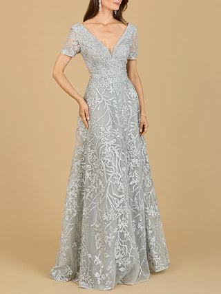 Short Sleeve Lace A-Line Dress with V-Neckline - By Baano