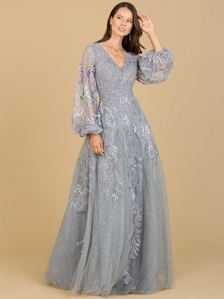V Neckline Balloon Sleeve Gown - By Baano