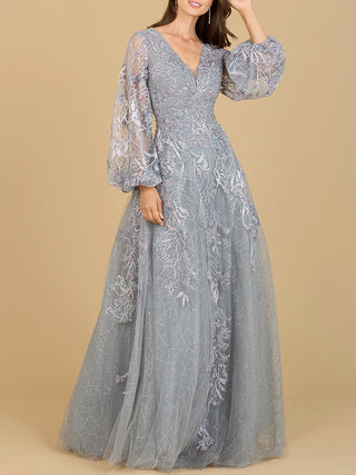 V Neckline Balloon Sleeve Gown - By Baano