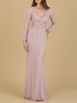 Long Sleeve V-Neck Beaded Gown - By Baano