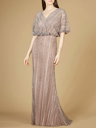 Cape Sleeve V-Neck Gown with Geometric Beading - By Baano