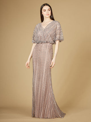 Cape Sleeve V-Neck Gown with Geometric Beading - By Baano