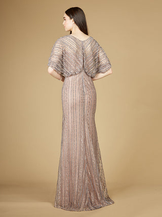 Cape Sleeve V-Neck Gown with Geometric Beading - By Baano