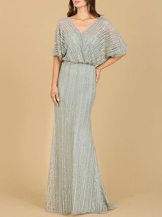Cape Sleeve V-Neck Gown with Geometric Beading - By Baano