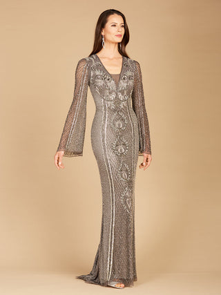 Long Bell Sleeve V-Neck Beaded Gown - By Baano
