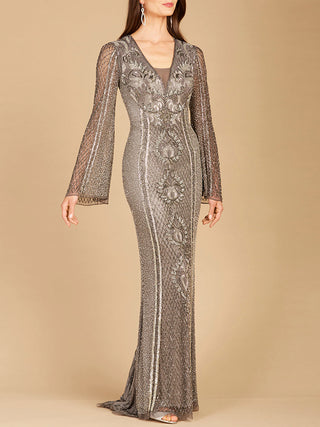 Long Bell Sleeve V-Neck Beaded Gown - By Baano