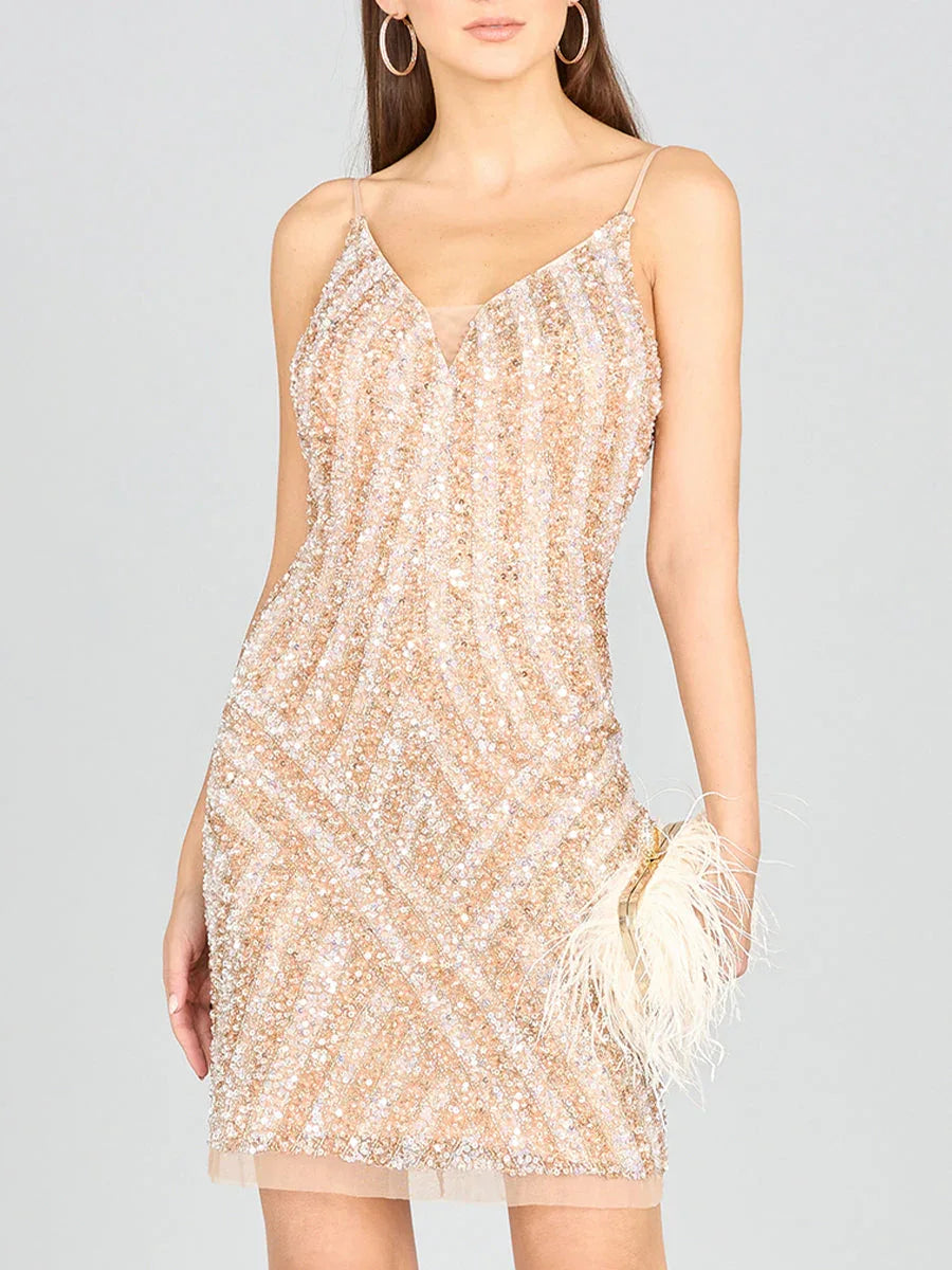 Lara 28859 - Spaghetti Strap Beaded Cocktail Dress - Glamourous Grace