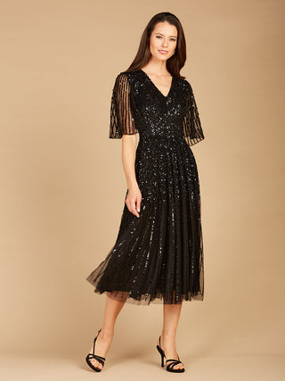 Flowing, Sequin Midi Dress with Short Sleeves - By Baano