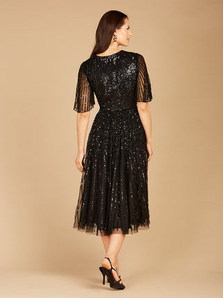 Flowing, Sequin Midi Dress with Short Sleeves - By Baano