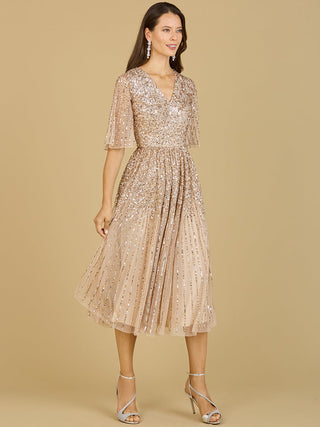 Flowing, Sequin Midi Dress with Short Sleeves - By Baano