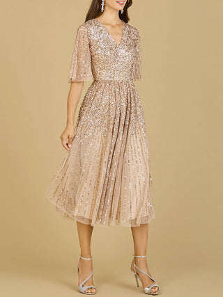 Flowing, Sequin Midi Dress with Short Sleeves - By Baano