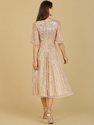 Flowing, Sequin Midi Dress with Short Sleeves - By Baano