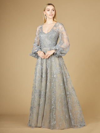 V Neckline Balloon Sleeve Gown - By Baano
