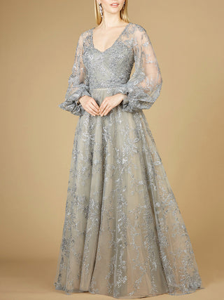 V Neckline Balloon Sleeve Gown - By Baano