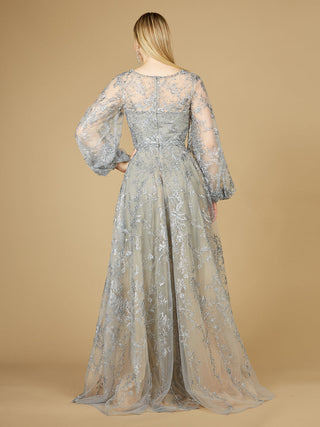 V Neckline Balloon Sleeve Gown - By Baano