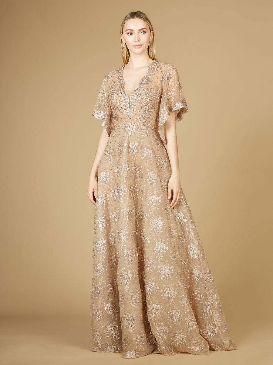 Cape Sleeve V-Neck Gown