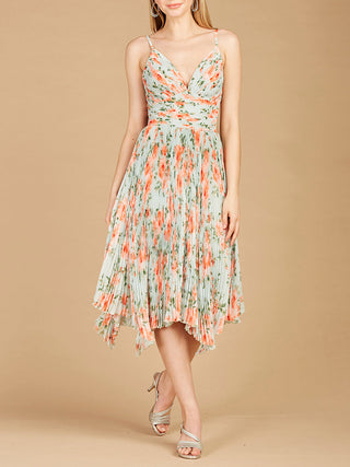 V-Neck Printed Midi Length Dress with Pleats - By Baano