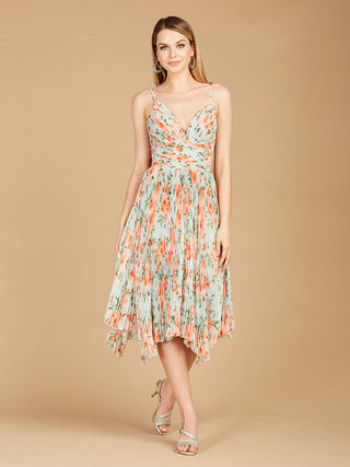 V-Neck Printed Midi Length Dress with Pleats - By Baano