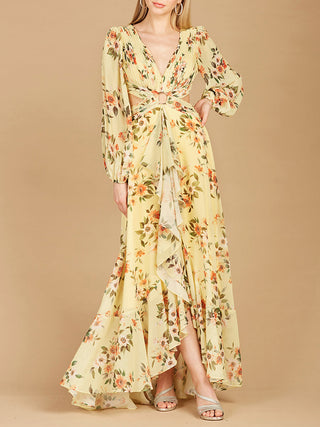 Long Sleeve V-Neck, Layered Skirt Print Dress- OUTLET - By Baano