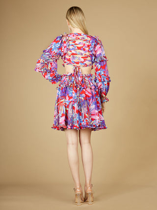 Long Sleeve Print Cocktail Short with Lace Up Back and Cutouts - OUTLET - By Baano