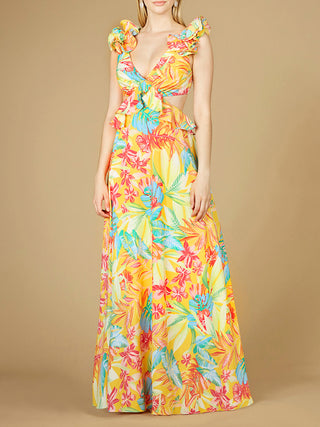 V-Neck Long Print Gown with Ruffled Straps - OUTLET - By Baano