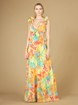 V-Neck Long Print Gown with Ruffled Straps - OUTLET - By Baano