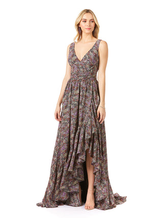 V-Neck Long Print Gown Hi-Low Wrap OUTLET - By Baano