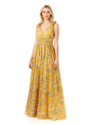 V-Neck Long Print Gown with Straps - By Baano
