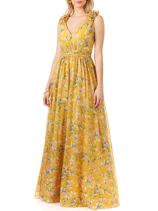 V-Neck Long Print Gown with Straps - By Baano